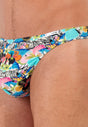 Close-up view of a men model wearing HO orange print  G-String