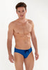 Front view of a men model wearing HO blue print  Swim Mini Briefs