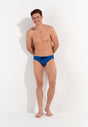 Full-body view of a men model wearing HO blue print  Swim Mini Briefs