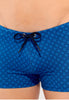 Close-up view of a men model wearing HO blue print  Swim Shorts