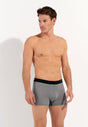 Front view of a men model wearing HO black print modal/viscose/tencel Comfort Boxer Briefs