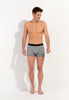 Full-body view of a men model wearing HO black print modal/viscose/tencel Comfort Boxer Briefs