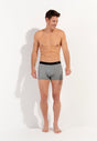 Full-body view of a men model wearing HO black print modal/viscose/tencel Comfort Boxer Briefs