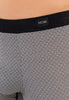 Close-up view of a men model wearing HO black print modal/viscose/tencel Comfort Boxer Briefs