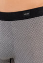 Close-up view of a men model wearing HO black print modal/viscose/tencel Comfort Boxer Briefs