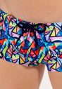 Close-up view of a men model wearing HO multico print  Swim Trunk