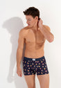 Front view of a men model wearing HO navy print  Boxer Briefs