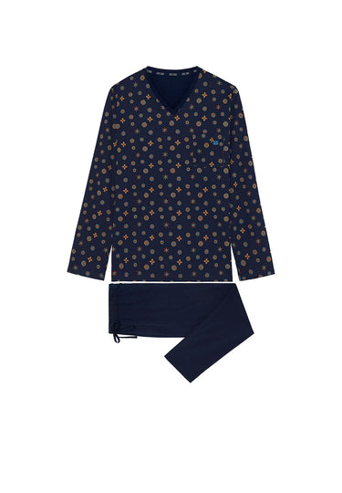 Front cutout view of HO navy print cotton Long Sleepwear