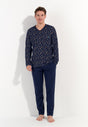 Full-body view of a men model wearing HO navy print cotton Long Sleepwear