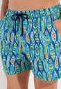 Close-up view of a men model wearing HO blue print  Beach Boxer