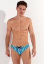 Front view of a men model wearing HO blue print  Swim Mini Briefs