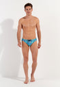 Full-body view of a men model wearing HO blue print  Swim Mini Briefs