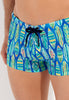 Close-up view of a men model wearing HO blue print  Swim Shorts