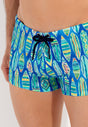 Close-up view of a men model wearing HO blue print  Swim Shorts