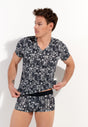 Front view of a men model wearing HO dark grey print  Tee-Shirt V Neck