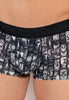 Close-up view of a men model wearing HO dark grey print  Trunk