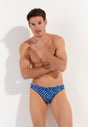 Front view of a men model wearing HO navy print  Swim Micro Briefs