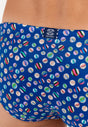 Close-up view of a men model wearing HO navy print  Swim Micro Briefs