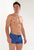 Front view of a men model wearing HO navy print  Swim Shorts