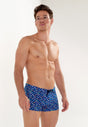 Front view of a men model wearing HO navy print  Swim Shorts