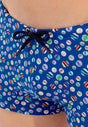 Close-up view of a men model wearing HO navy print  Swim Shorts