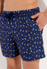 Close-up view of a men model wearing HO navy print  Beach Boxer