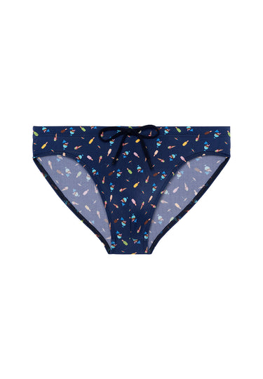 Front cutout view of HO navy print  Swim Mini Briefs