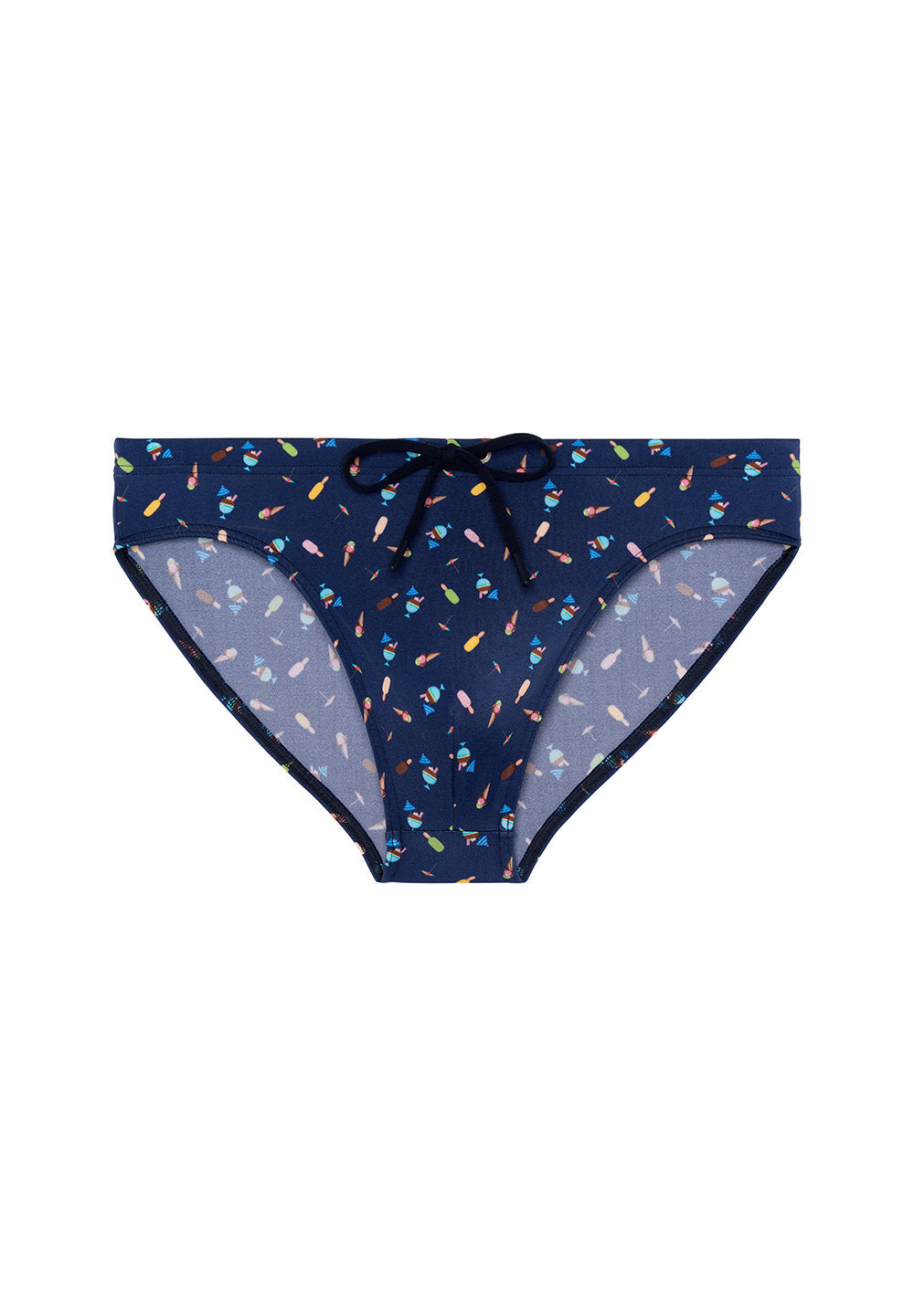 Front cutout view of HO navy print  Swim Mini Briefs