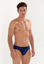 Front view of a men model wearing HO navy print  Swim Mini Briefs