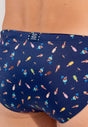 General view of a men model wearing HO navy print  Swim Mini Briefs