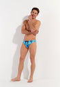 Full-body view of a men model wearing HO blue print  Swim Mini Briefs