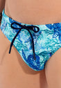 Close-up view of a men model wearing HO blue print  Swim Mini Briefs