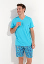 Front view of a men model wearing HO turquoise print cotton Short Sleepwear
