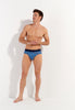 Full-body view of a men model wearing HO blue print modal/viscose/tencel Briefs HO1