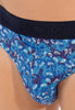 Close-up view of a men model wearing HO blue print modal/viscose/tencel Briefs HO1