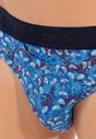Close-up view of a men model wearing HO blue print modal/viscose/tencel Briefs HO1