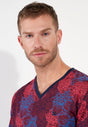 Close-up view of a men model wearing HO bordeaux print cotton Long Sleepwear