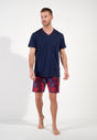 Full-body view of a men model wearing HO bordeaux print cotton Short Sleepwear