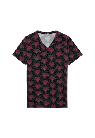 Front cutout view of HO bordeaux print  Tee-Shirt V Neck