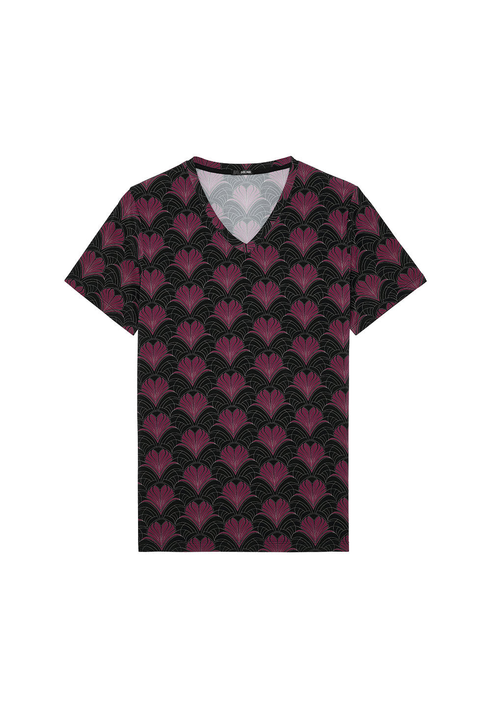 Front cutout view of HO bordeaux print  Tee-Shirt V Neck