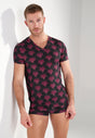 Front view of a men model wearing HO bordeaux print  Tee-Shirt V Neck