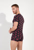 Back view of a men model wearing HO bordeaux print  Tee-Shirt V Neck