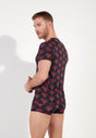 Back view of a men model wearing HO bordeaux print  Tee-Shirt V Neck