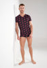 Full-body view of a men model wearing HO bordeaux print  Tee-Shirt V Neck