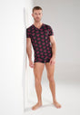 Full-body view of a men model wearing HO bordeaux print  Tee-Shirt V Neck