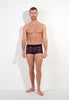Full-body view of a men model wearing HO bordeaux print  Trunk