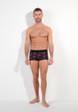 Full-body view of a men model wearing HO bordeaux print  Trunk