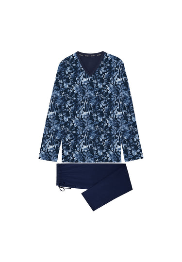 Front cutout view of HO navy print cotton Long Sleepwear