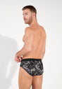Back view of a men model wearing HO black print modal/viscose/tencel Mini Briefs