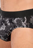 Close-up view of a men model wearing HO black print modal/viscose/tencel Mini Briefs
